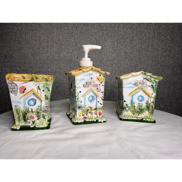 Vintage 80s 90s Ceramic‎ Floral Cottage Bathroom Set Soap Dispenser Toothbrush - Picture 3 of 5